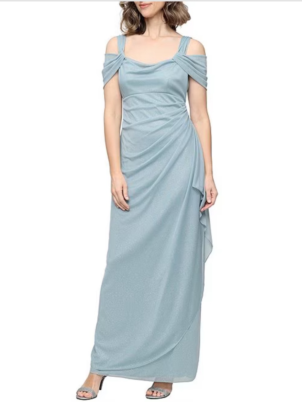 Alex‎ Evenings Glitter Mesh Cowl Neck Cold Shoulder Formal Dress Size 8 Ice Sage
